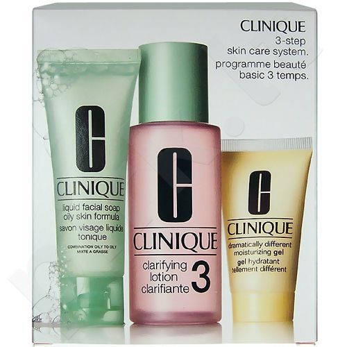 Clinique 3-Step Skin Care 3, rinkinys prausiamasis vanduo moterims, (50ml veido muilas Oily Skin + 100ml Clarifying Lotion 3 + 30ml DDMželė)