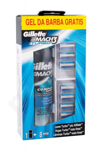 Gillette Mach3 Turbo, rinkinys skutimosi peiliukų galvutės vyrams, (Spare Heads 8 pcs + Shave želė Extra Comfort 200 ml)