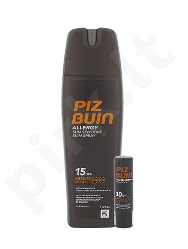 PIZ BUIN Sun Sensitive Skin Spray, Allergy, rinkinys Sun kūno losjonas moterims, (200ml Allergy Sun Sensitive Skin purškiklis SPF15 + 4,9g Moisturizing Sun lūpdažis SPF30)