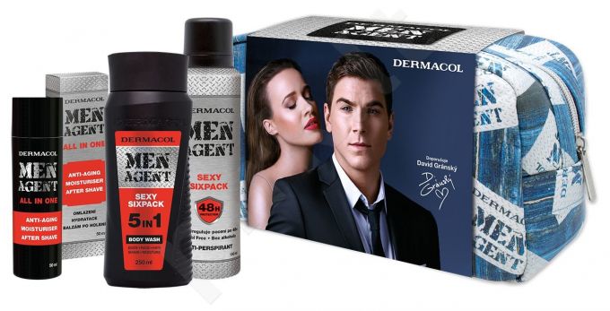 Dermacol Sexy Sixpack, Men Agent, rinkinys dušo želė vyrams, (dušo želė 5in1 250 ml + barzdos aliejus Treatment All In One 50 ml + Antiperspirant 150 ml + kosmetika krepšys)