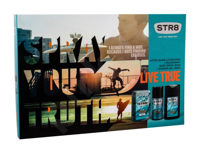 STR8 Live True, rinkinys losjonas po skutimosi vyrams, (losjonas po skutimosi 50 ml + dezodorantas 150 ml + dušo želė 250 ml)
