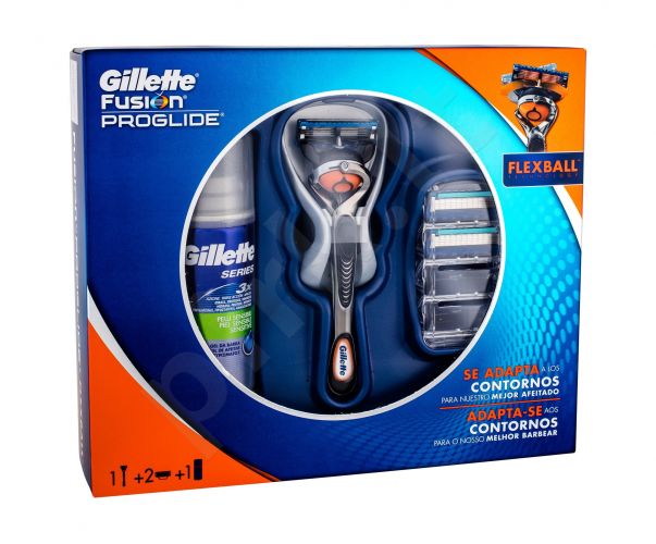 Gillette Flexball, Fusion Proglide, rinkinys skutimosi peiliukai vyrams, (skutimosi peiliukai 1 piece + 2 x Cartridges + Shavign želė Series Sensitive 75 ml)