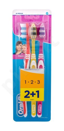 Oral-B Toothbrush, Classic, dantų šepetėlis moterims ir vyrams, 3pc, (Red, Yellow, Pink)