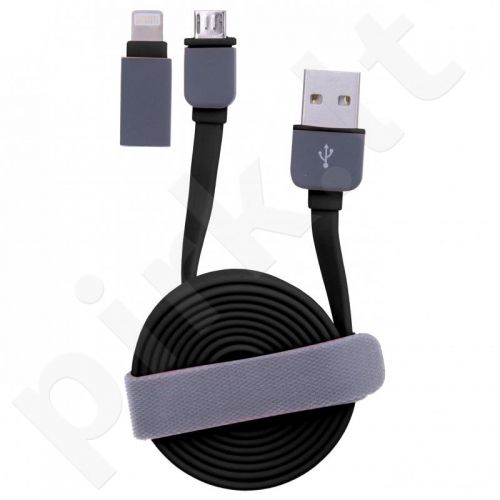 USB CABLE FLAT microUSB black+adapter  iPhone 5 HQ 1m poly bag