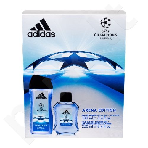 Adidas Arena Edition, UEFA Champions League, rinkinys tualetinis vanduo vyrams, (EDT 100 ml + dušo želė 250 ml)