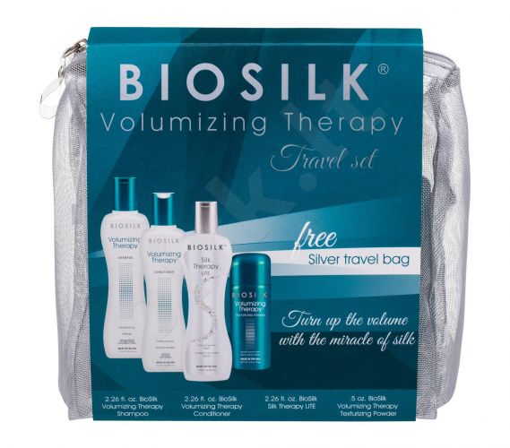 Farouk Systems Biosilk Volumizing Therapy, rinkinys šampūnas moterims, (šampūnas 67 ml + kondicionierius 67 ml + plaukų serumas Biosilk Silk Therapy Lite 67 ml + plaukų kompaktinė pudra 15 g +kosmetika krepšys)
