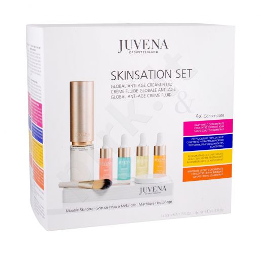 Juvena Skinsation, Skin Specialists, rinkinys dieninis kremas moterims, (Global Anti-Age kremas Fluid 50 ml + Daily Shield Concentrate 10 ml + Deep Moisture Concentrate 10 ml + Regenerating Oil Concentrate 10 ml + Immediate Lifting Concentrate 10 ml + Bas