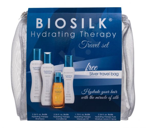 Farouk Systems Biosilk Hydrating Therapy, rinkinys šampūnas moterims, (šampūnas 67 ml + kondicionierius 67 ml + plaukų oil 52 ml + leave-in kondicionierius 67 ml + kosmetika krepšys)