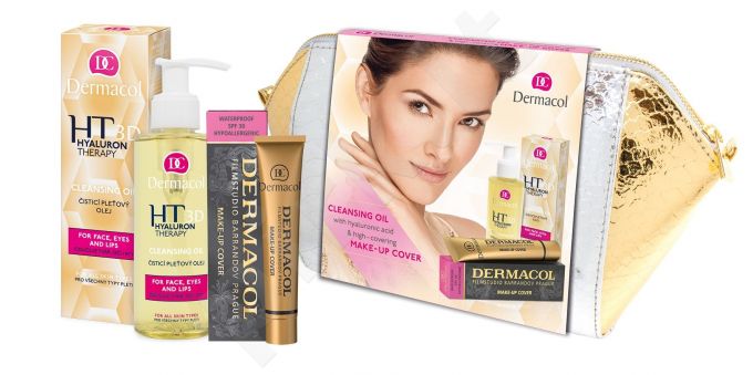 Dermacol 3D Hyaluron Therapy, rinkinys prausimosi aliejus moterims, (Cleansing Facial Oil 150 ml + Make-Up Cover SPF30 30 g 210 + kosmetika krepšys)