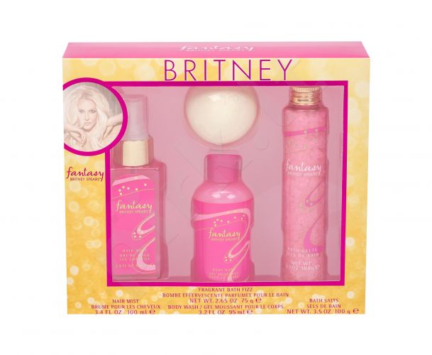 Britney Spears Fantasy, rinkinys plaukų dulksna moterims, (plaukų Mist 100 ml + Bath Fizzer 75 g + dušo želė 95 ml + vonios druska 100 g)