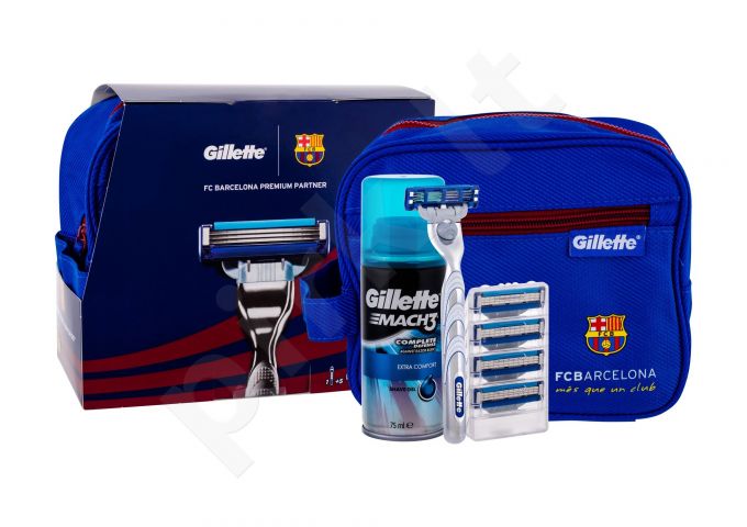 Gillette FC Barcelona, Mach3 Turbo, rinkinys skutimosi peiliukai vyrams, (Shave Machine With One Head 1 pcs + Spare Heads 4 pcs + Shave želė Extra Comfort 75 ml + kosmetika krepšys)