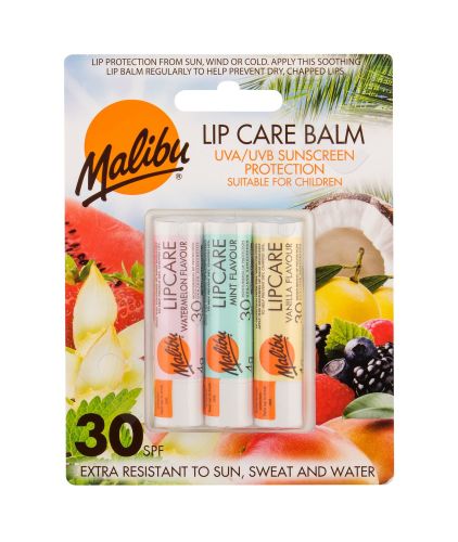 Malibu Lip Care, rinkinys lūpų balzamas moterims, (lūpų balzamas 4 g Watermelon + lūpų balzamas 4 g Mint + lūpų balzamas 4 g Vanilla), (Watermelon)