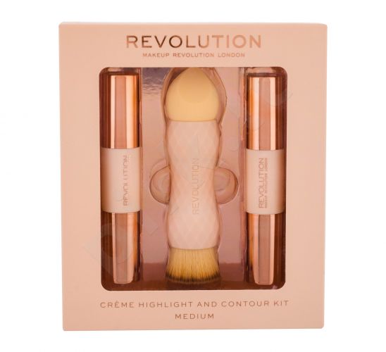 Makeup Revolution London Creme Highlight And Contour Kit, rinkinys skaistinanti priemonė moterims, (Contour Kit Medium 3,5 g + Creme Highlight 3,5 g + Sponge + Brush 2 in 1), (Medium)