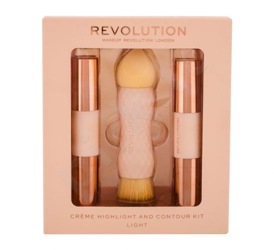 Makeup Revolution London Creme Highlight And Contour Kit, rinkinys skaistinanti priemonė moterims, (Contour Kit Light 3,5 g + Creme Highlight 3,5 g + Sponge + 2 in 1), (Light)