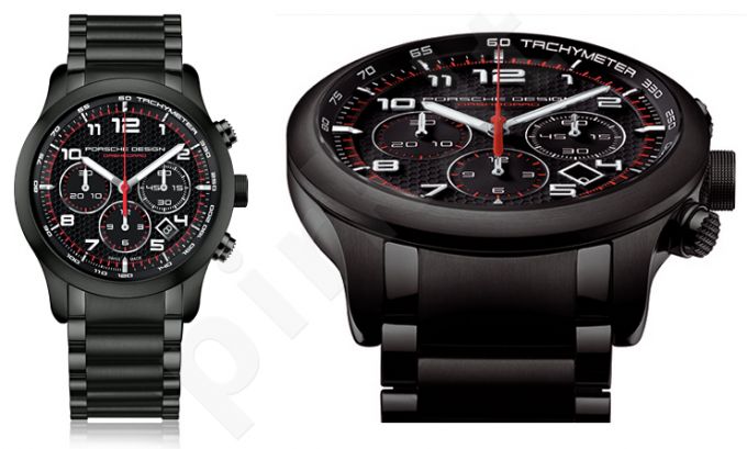 Laikrodis PORSCHE DESIGN DASHBOARD P6612 PVD BLACK - automatinis chronometras ETERNA MOVEMENT. TITANIUM-ALUMINIUM PVD BLACK Case & apyrankė. CARBON Dial with Red details. . . Sapphire glass front&back. WR 1