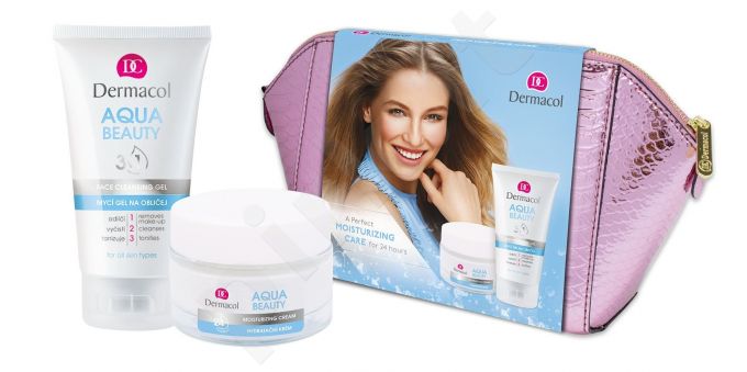 Dermacol Aqua Beauty, rinkinys dieninis kremas moterims, (Daily Facial Care 50 ml + Facial Washing želė 3in1 150 ml + kosmetika krepšys)