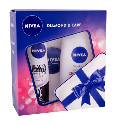 Nivea Care & Diamond, rinkinys dušo želė moterims, (dušo želė Care & Diamond 250 ml + Anti-perspirant Invisible For Black & White Clear 150 ml + Nivea Creme 30 ml)