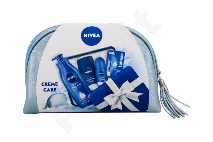 Nivea Creme Care, rinkinys dušo želė moterims, (dušo želė Creme Care 250 ml + Antiperspirant Protect & Care 50 ml + kūno pienelis 400 ml + lūpų balzamas Labello Original 4,8 g + krepšys)