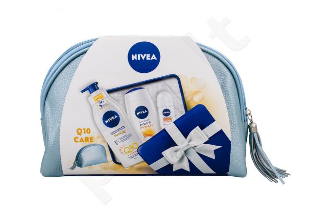 Nivea Care & Orange, rinkinys dušo želė moterims, (dušo želė 250 ml + Firming kūno losjonas Q10 400 ml + Antiperspirant Roll-on Stress Protect 50 ml + kosmetika krepšys)