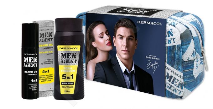 Dermacol Total Freedom, Men Agent, rinkinys dušo želė vyrams, (dušo želė 5in1 250 ml + barzdos aliejus Treatment 4in1 50 ml + kosmetika krepšys)