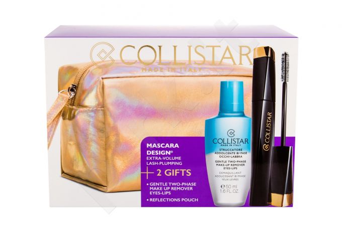 Collistar Design, rinkinys blakstienų tušas moterims, (blakstienų tušas 11 ml + Gentle Two Phase 50 ml + kosmetika krepšys), (Ultra Black)