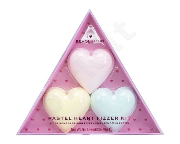 Makeup Revolution London Pastel Heart Fizzer, I Heart Revolution, rinkinys vonios putos moterims, (Heart Bath Fizzer 40 g + Heart Bath Fizzer 40 g Passion Fruit + Heart Bath Fizzer 40 g Lemon), (Strawberry)