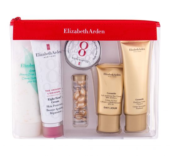 Elizabeth Arden Skin Protectant, Eight Hour Cream, rinkinys kūno balzamas moterims, (kūno balzamas 50 ml + veido serumas 3,2 ml + lūpų balzamas 13 ml + dieninis kremas 15 ml + prausiamasis kremas 50 ml + kūno kremas 100 ml + kosmetika krepšys)
