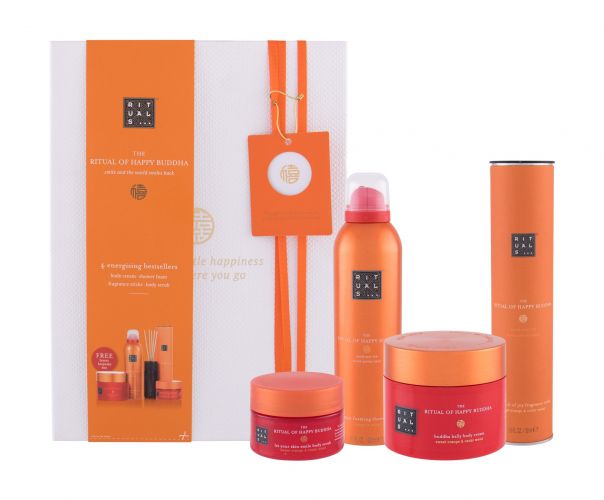 Rituals The Ritual Of Happy Buddha, rinkinys kūno kremas moterims, (kūno kremas 200 ml + Shower Foam 200 ml + kūno pilingas 125 g + Fragrance Sticks)