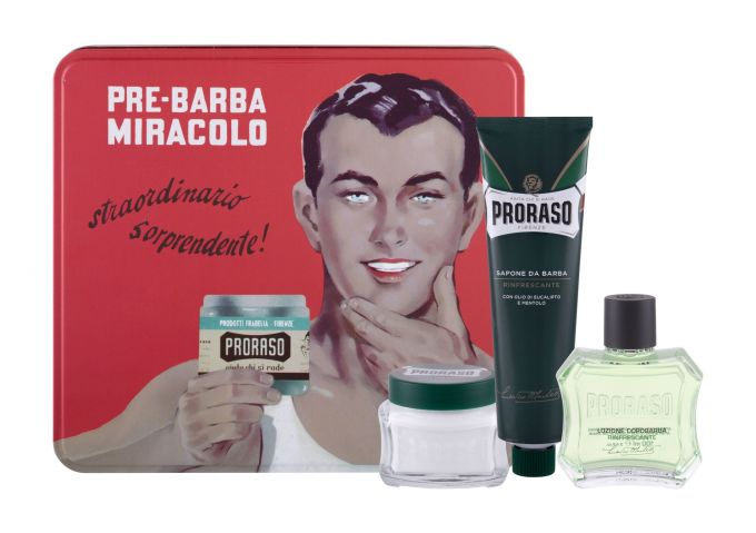 PRORASO After Shave Lotion, Green, rinkinys losjonas po skutimosi vyrams, (losjonas po skutimosi 100 ml + skutimosi kremas 150 ml + Before-skutimosi kremas 100 ml + Jar)