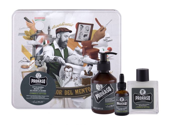 PRORASO Beard Wash, Cypress & Vetyver, rinkinys šampūnas vyrams, (Beard šampūnas 200 ml + Beard Balm 100 ml + barzdos aliejus 30 ml + Jar)