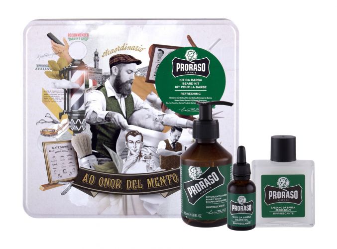 PRORASO Beard Wash, Eucalyptus, rinkinys šampūnas vyrams, (Beard šampūnas 200 ml + Beard Balm 100 ml + barzdos aliejus 30 ml + Jar)