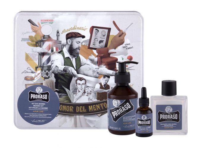 PRORASO Beard Wash, Azur Lime, rinkinys šampūnas vyrams, (Beard šampūnas 200 ml + Beard Balm 100 ml + barzdos aliejus 30 ml + Jar)