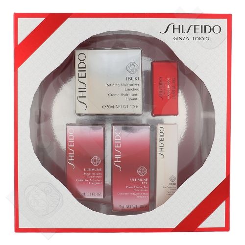 Shiseido Refining Moisturizer Enriched, Ibuki, rinkinys dieninis kremas moterims, (Ibuki Refining Moisturizer Enriched 50 ml + Ultimune Concentrate 10 ml + Ultimune Eye Concentrate 5 ml + Ibuki paakių kremas 5 ml + Rouge 2,5 g RD501)