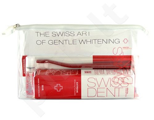 Swissdent Whitening, Extreme, rinkinys dantų pasta moterims ir vyrams, (100ml Extreme Whitening Toothpaste + 9ml Extreme Mouth purškiklis + Soft Toothbrush + kosmetika krepšys)