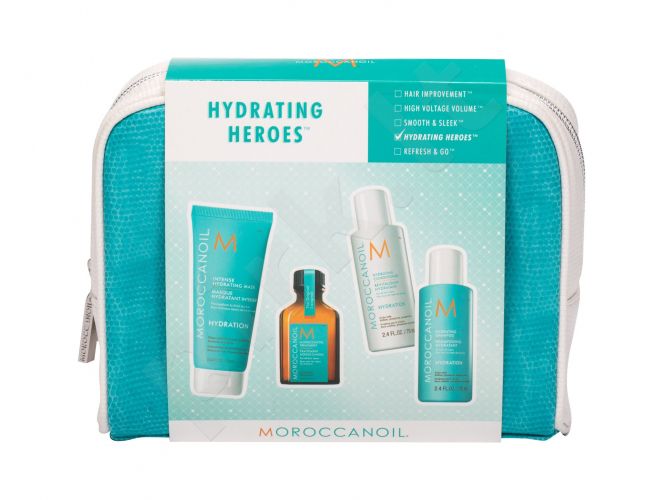 Moroccanoil Hydration, rinkinys šampūnas moterims, (šampūnas 70 ml + kondicionierius 70 ml + plaukų kaukė 75 ml + plaukų Oil 25 ml + kosmetika krepšys)