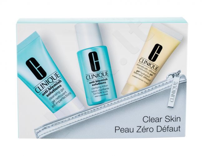 Clinique Anti-Blemish Solutions, rinkinys prausiamoji želė moterims, (prausiamoji želė 30 ml + Facial Water 30 ml + Daily Facial Care 15 ml + kosmetika krepšys)