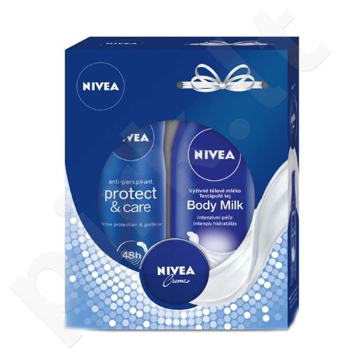 Nivea Body Milk, rinkinys kūno losjonas moterims, (250ml kūno pienelis Nourishing + 150ml Protect & Care Anti-Perspirant purškiklis 48H + 30ml Creme)