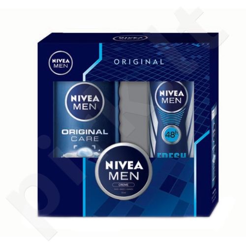 Nivea Men Original, rinkinys dušo želė vyrams, (250ml Men Original Care dušo želė + 150ml Men Fresh Active Anti-Perspirant dezodorantas + 30ml Men Creme)