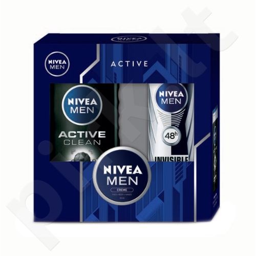 Nivea Men Active Clean, rinkinys dušo želė vyrams, (250ml Men Active Clean dušo želė + 150ml Men Invisible For Black & White 48h Antiperspirant + 30ml Men Creme)