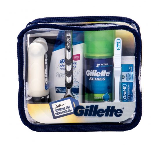 Gillette Travel Kit, Mach3, rinkinys skutimosi peiliukai vyrams, (skutimosi peiliukai + skutimosi putos 75 ml + balzamas po skutimosi 75 ml + šampūnas 90 ml + Toothpaste 15 ml + Toothbrush)