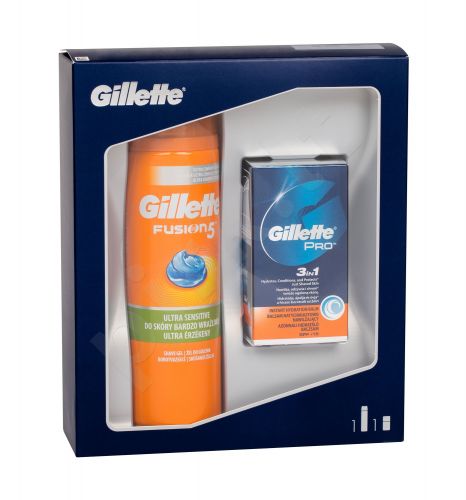 Gillette Ultra Sensitive + Cooling, Fusion 5, rinkinys skutimosi želė vyrams, (skutimosi želė 200 ml + balzamas po skutimosi Gillette Pro 3in1 SPF15 50 ml)