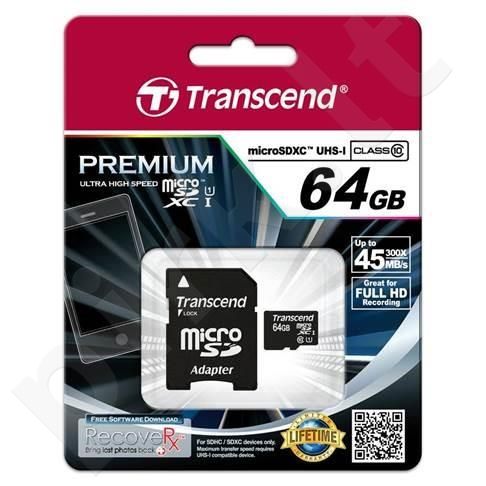 Atminties kortelė Transcend microSDXC 64GB UHS1 + Adapteris