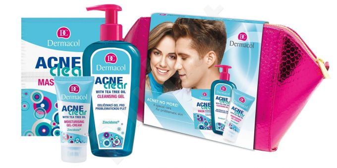 Dermacol Cleansing Gel, AcneClear, rinkinys prausiamoji želė moterims, (želė makiažo valiklis 200 ml + Hydrating želė-kremas 50 ml + Facial Mask 2 x 8 g + kosmetika krepšys)