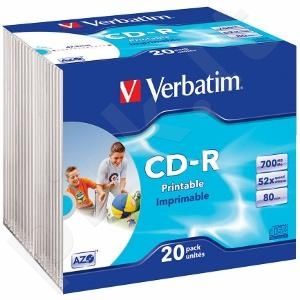 CD-R Verbatim [ slim jewel case 20 | 700MB | 52x | spausdinimui| DataLife+ AZO ]