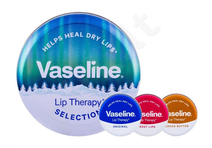 Vaseline Lip Therapy, rinkinys lūpų balzamas moterims, (lūpų balzamas 20 g + lūpų balzamas 20 Rosy Lips + lūpų balzamas 20 g Original + Tin Box), (Cocoa Butter)