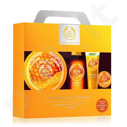 The Body Shop Honeymania, rinkinys kūno sviestas moterims, (200ml Honeymania kūno sviestas + 250ml Honeymania dušo želė + 30ml Honeymania rankų kremas + 10ml Honeymania lūpų balzamas)