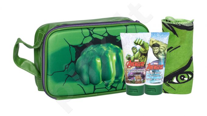 Marvel Avengers Hulk, rinkinys dušo želė vaikams, (dušo želė 75 ml + šampūnas 2in1 75 ml + Towel + kosmetika krepšys)